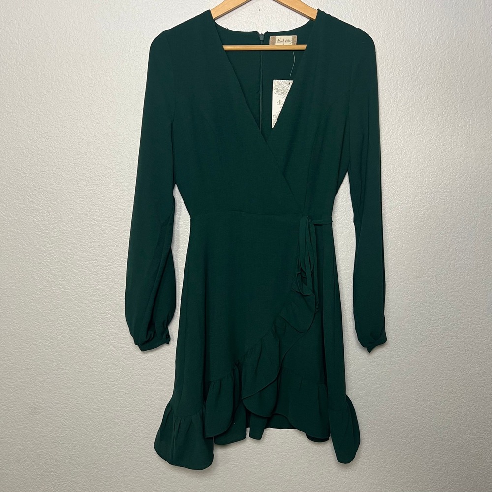 Altar'd State Wrap Mini Dress Women Small Hunter Green Ruffle Long Sleeve